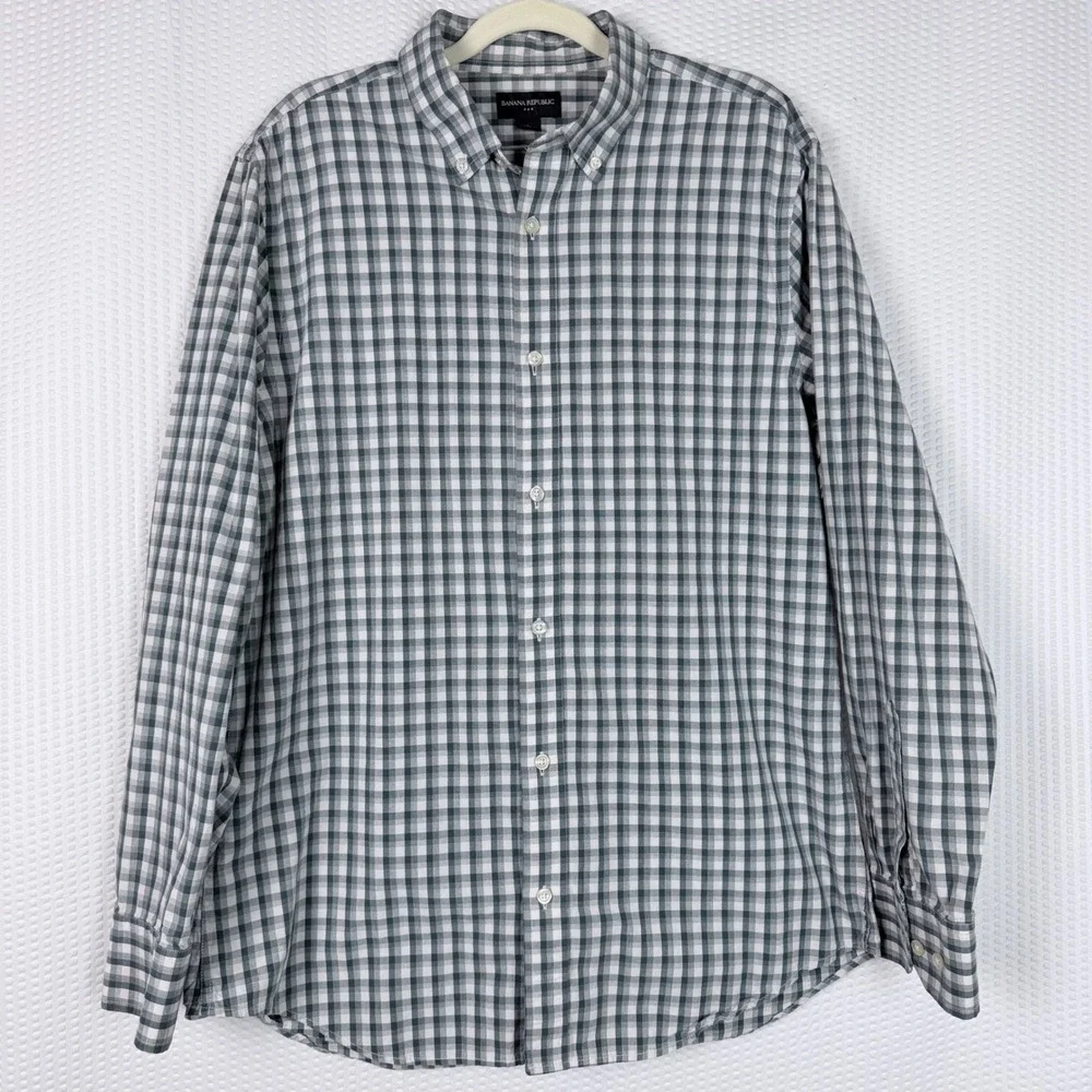 Banana Republic Mens Large Gingham‎ Check Button Down Shirt Green White Cotton